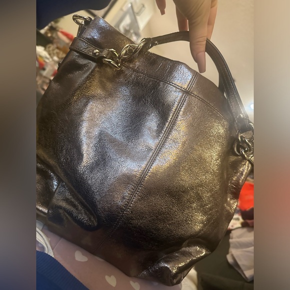 LIKE NEW COACH Brooke Handbag Leather Pewter Silver Metallic Hobo Bag Purse - Picture 8 of 9